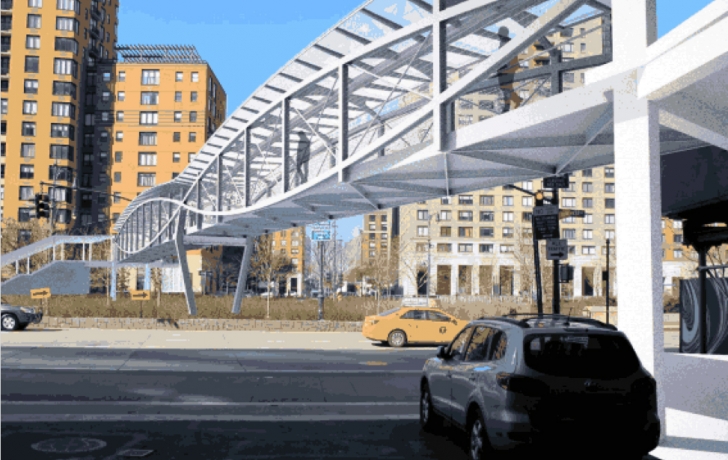 The West Thames Street Pedestrian Bridge, scheduled to open above West Street in late 2016, will be surrounded by mesh fencing and feature a double lenticular truss. Rendering: Economic Development Corp. The West Thames Street Pedestrian Bridge, scheduled to open above West Street in late 2016, will be surrounded by mesh fencing and feature a double lenticular truss. Rendering: Economic Development Corp.